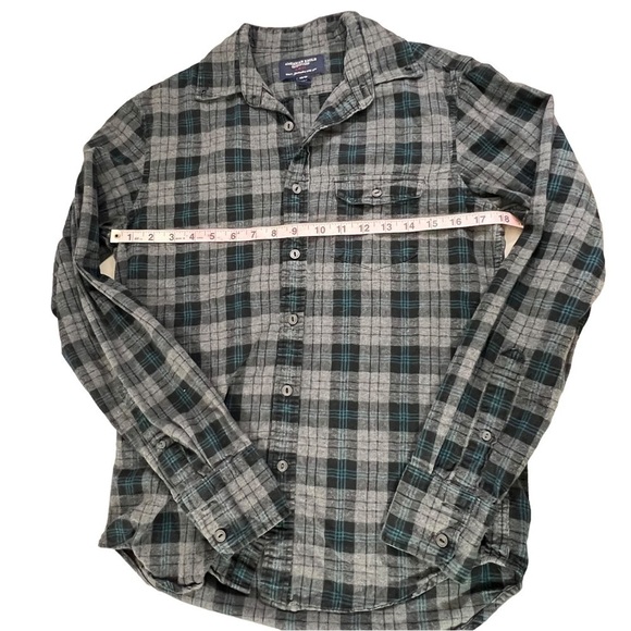 AMERICAN Eagle Black Teal Plaid Button Down Flannel Long Sleeved Shirt Slim Fit - Picture 7 of 8